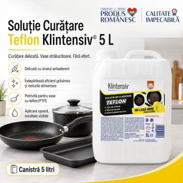 Soluție curățare teflon Klintensiv, pentru vase antiaderente, tigăi, cratițe și tăvi, curățare delicată fără zgâriere, îndepărtează grăsimea și resturile alimentare, 5 L, 4x Stickere - Img 2