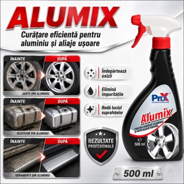 Soluție curățat aluminiu PRO X Alumix, pentru aluminiu și aliaje ușoare, acțiune rapidă, îndepărtează oxizi, praf de frână și impurități, pentru jante, ornamente și componente auto, 500 ml, 4x Stickere - Img 3