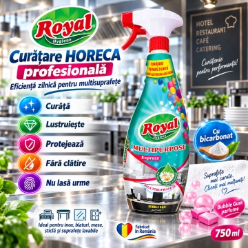 Solutie curatat Multipurpose cu Bicarbonat Royal Hygiene, Soluție Multisuprafețe Fără Clătire, Nu Lasă Urme, 97% Ingrediente de Origine Naturală, Ecofriendly, Bubble Gum Parfume, HoReCa, Fabricat în România, 750 ml - Img 3