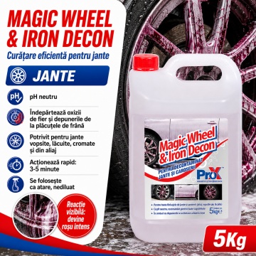 Soluție decontaminare jante și caroserie Magic Wheel & Iron Decon PRO X, fallout remover cu pH neutru, indicator activ roșu, pentru oxizi de fier și depuneri plăcuțe frână, 5 kg, 4x Stickere - Img 4