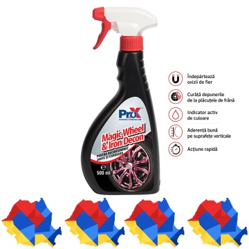 Soluție decontaminare jante și caroserie PRO X Magic Wheel & Iron Decon, fallout remover cu pH neutru, indicator activ roșu, pentru oxizi de fier și depuneri plăcuțe frână, 500 ml, 4x Stickere