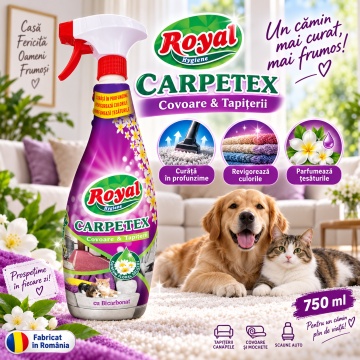 Soluție pentru Covoare și Tapițerii Royal Hygiene Carpetex, Curăță în Profunzime, Revigorează Culorile, Parfumează Țesăturile, Fabricat în România, 750 ml