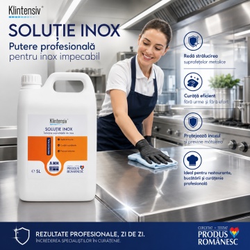 Soluție profesională curățare inox Klintensiv, pentru suprafețe metalice, echipamente HoReCa și utilaje, degresare rapidă, luciu de oglindă, biodegradabilă, canistră 5 L, 4x Stickere - Img 2