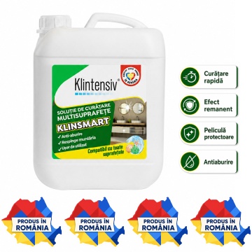 Soluție profesională de curățare Klintensiv KlinSmart, efect remanent, peliculă protectoare, anticalcar, degresant, antiaburire, baie și bucătărie, 5 L, pulverizator, 4x Stickere