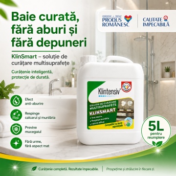 Soluție profesională de curățare Klintensiv KlinSmart, efect remanent, peliculă protectoare, anticalcar, degresant, antiaburire, baie și bucătărie, 5 L, pulverizator, 4x Stickere - Img 3