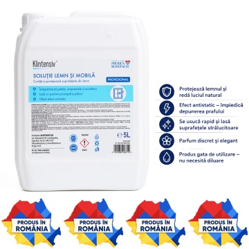 Soluție profesională pentru Lemn și Mobilă Klintensiv, curățare, protecție și luciu, efect antistatic, pentru mobilier, uși și suprafețe laminate, canistră 5 L, 4x Stickere