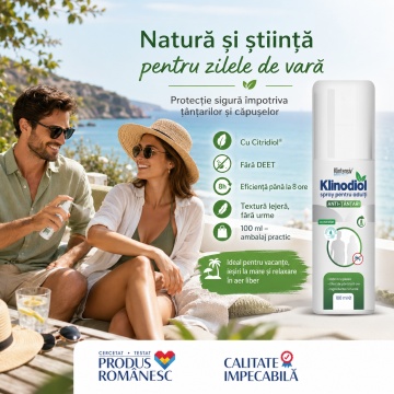 Spray anti țânțari adulți Klinodiol, repelent natural fără DEET, cu Citridiol 13%, protecție până la 8 ore împotriva țânțarilor și căpușelor, testat dermatologic, biodegradabil, 100 ml, 4x Stickere - Img 4