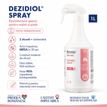 Spray dezinfectant igienic pentru mâini și piele Dezidiol Klintensiv Profesional, cu 2 alcooli și clorhexidină, bactericid, levuricid, virucid și micobactericid, testat dermatologic, 1 L, 4x Stickere - Img 3