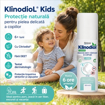 Spray repelent copii KlinodioL Kids, anti țânțari și căpușe, formulă naturală cu Citriodiol 5%, fără DEET, protecție până la 6 ore, pentru copii peste 6 luni, aviz biocid, 100 ml, 4x Stickere - Img 2