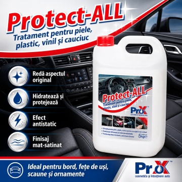 Tratament auto PRO X Protect-ALL, dressing pentru piele, plastic, vinil și cauciuc, efect antistatic, aspect mat satinat, protecție UV, hidratare și reînnoire suprafețe auto, 5 L, 4x Stickere - Img 3