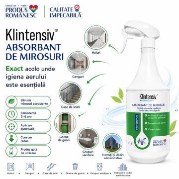 Absorbant de mirosuri Klintensiv, odorizant lichid profesional, gata de utilizare, pentru ghene, grupuri sanitare, holuri, case de scări și spații comune, neutralizează mirosuri persistente, 1 L, 4x Stickere - Img 5
