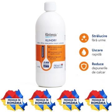 Aditiv de clătire Klintensiv KLINDRY, profesional concentrat, pentru mașini automate de spălat vase și băi de clătire manuală, uscare rapidă, fără urme, 1 L, 4x Stickere