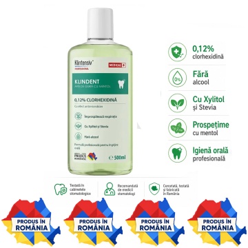 Apă de gură KLINDENT fără alcool, cu clorhexidină 0,12%, xylitol, stevia și mentol, igienă orală profesională, produs românesc testat în cabinete stomatologice, 500 ml, 4x Stickere