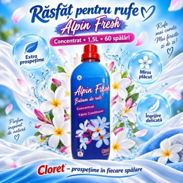 Balsam de Rufe Concentrat Cloret Alpin Fresh, Fabric Conditioner, 60 Spălări, Prospetime Alpina, Fabricat în România, 1.5L - Img 5
