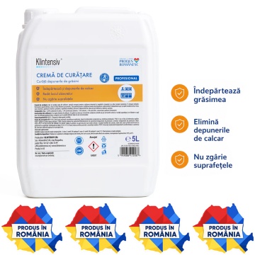 Cremă profesională de curățare Klintensiv, formulă concentrată pentru HoReCa și uz profesional, degresează, elimină calcarul, redă luciul suprafețelor, nu zgârie, canistră 5 L, 4x Stickere