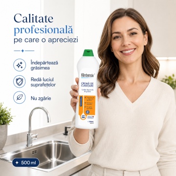Cremă profesională de curățare Klintensiv, pentru inox, email, ceramică, sticlă și metale rezistente la acid, îndepărtează grăsimea, calcarul și murdăria, nu zgârie, 500 ml, 4x Stickere - Img 2