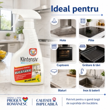 Degresant bucătărie Klintensiv, soluție profesională pentru grăsime arsă și murdărie persistentă, pentru hote, plite, cuptoare, grătare, tăvi, inox și suprafețe lavabile, 500 ml, 4x Stickere - Img 4