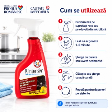 Degresant cu bicarbonat de sodiu Klintensiv, soluție profesională pentru grăsime arsă, pete și murdărie persistentă, fără parabeni, coloranți sau parfumuri artificiale, pentru bucătărie și suprafețe lavabile, 500 ml, 4x Stickere - Img 4