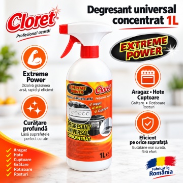 Degresant Universal Concentrat Cloret Extreme Power, pentru Aragaz, Hote, Cuptoare, Grătare, Rotisoare și Rosturi, Curățare Intensivă, Dizolva grasimea arsa, Fabricat în România, 1 L