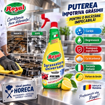 Degresant Universal Royal Hygiene Sgrassatore Universale cu Bicarbonat, Degresant Universal Super Puternic, Parfum Lămâie, Formulă Italiană, Curățare Profesională HoReCa, Fabricat în România, 750 ml - Img 5