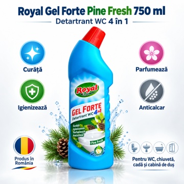 Detartrant WC 4 în 1 Royal Hygiene Gel Forte Pine Fresh, Curăță, Igienizează, Parfumează și Îndepărtează Calcarul, cu Extract Natural de Mușețel, Fabricat în România, 750 ml