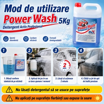 Detergent activ concentrat PRO X Power Wash, spumă activă pentru spălare auto cu presiune înaltă, curățare rapidă caroserie, luciu și protecție, 5 kg, 4x Stickere - Img 5