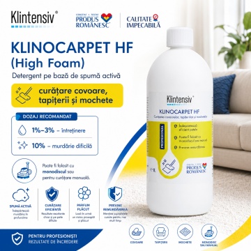 Detergent covoare și tapițerii Klintensiv KLINOCARPET HF, concentrat profesional, spumă activă, pentru mochetă, covoare, textile și scaune tapițate, parfum intens, 1 L, 4x Stickere - Img 2