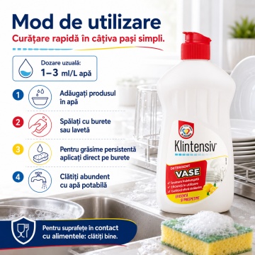 Detergent de vase Klintensiv, lichid concentrat pentru spălare manuală, degresare rapidă, eficient și în apă rece, pentru veselă, tacâmuri, pahare și ustensile, 500 ml, 4x Stickere - Img 5