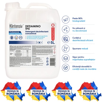 Detergent dezinfectant concentrat DEZIAMINO, pentru suprafețe alimentare, ustensile, echipamente și pavimente, eficient în condiții de murdărie, canistră 5 L, 4x Stickere