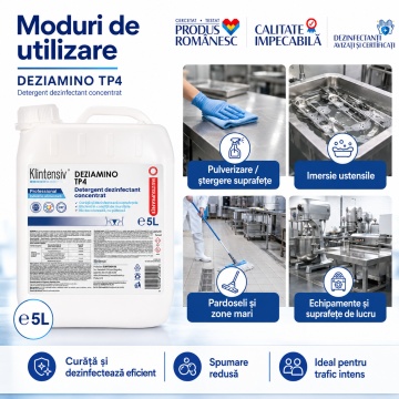 Detergent dezinfectant concentrat DEZIAMINO, pentru suprafețe alimentare, ustensile, echipamente și pavimente, eficient în condiții de murdărie, canistră 5 L, 4x Stickere - Img 5