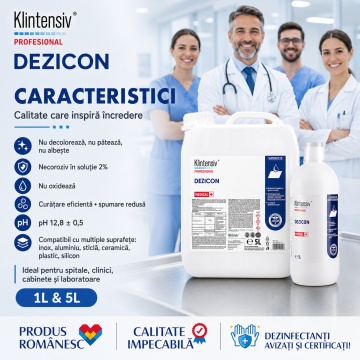 Detergent dezinfectant concentrat Klintensiv Dezicon, soluție 2%, pentru suprafețe, pavimente și instrumentar, bactericid, virucid, fungicid, micobactericid și sporicid, 1 L, 4x Stickere - Img 4