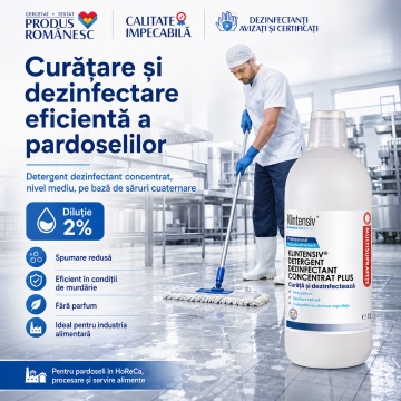 Detergent dezinfectant concentrat Klintensiv Plus, pentru industria alimentară, soluție 2%, bactericid, levuricid și virucid în 5 minute, fără parfum, 1 L, 4x Stickere - Img 2
