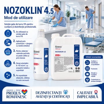 Detergent dezinfectant pentru suprafețe Nozoklin 4.5 Klintensiv Professional, PT2, soluție de lucru 5%, bactericid, levuricid, fungicid și virucid, peste 94% biodegradabil, 1 L, 4x Stickere - Img 4