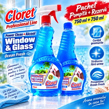 Detergent geamuri Cloret Window & Glass, Pulverizator + Rezerva, Soluție Profesională pentru Geamuri și Sticlă, Power Clean + Alcool, Fabricat în România, Ocean Fresh, 2x 750 ml