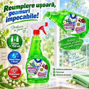 Detergent geamuri Cloret Window & Glass, Pulverizator + Rezerva, Soluție Profesională pentru Geamuri și Sticlă, Power Clean + Alcool, Fabricat în România, Lacramioara, 2x 750 ml - Img 5
