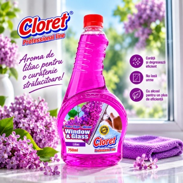 Detergent geamuri Cloret Window & Glass, Rezerva, Soluție Profesională pentru Geamuri și Sticlă, Power Clean + Alcool, Fabricat în România, Liliac, 750 ml - Img 5