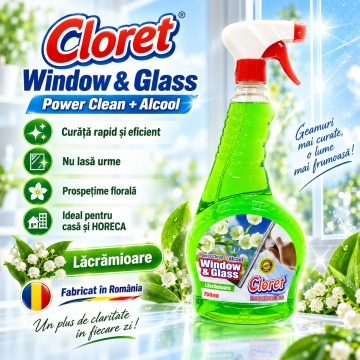 Detergent geamuri Cloret Window & Glass, Soluție Profesională pentru Geamuri și Sticlă, Power Clean + Alcool, Fabricat în România, Lacramioara, 750 ml - Img 5