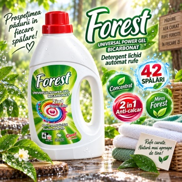Detergent Lichid Automat Rufe Cloret Universal Power Forest, Gel Concentrat, 42 Spălări, 2 în 1 Anticalcar, Enzyme Technology, Parfum Forest, 1.5 L - Img 5
