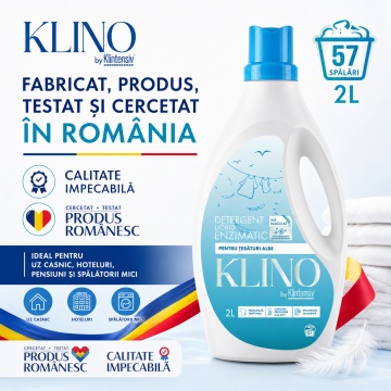 Detergent lichid enzimatic pentru rufe albe KLINO Klintensiv, eficient de la 20°C, fabricat in Romania, parfum revigorant, prospețime de durată, 57 spalari, 2 L, 4x Stickere - Img 6