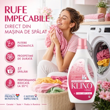 Detergent lichid enzimatic pentru rufe colorate KLINO Klintensiv, eficient de la 20°C, fabricat in Romania, parfum floral, prospetime de durata, 57 spalari, 2 L, 4x Stickere - Img 3