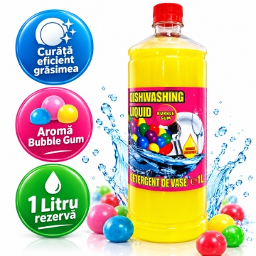 Detergent Lichid pentru Vase Cloret Dishwashing Liquid Citrus, Ideal pentru reumplere, Degresare și Curățare Eficientă, Aromă Bubble Gum, 1 L