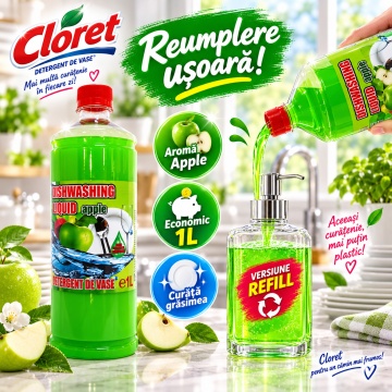 Detergent Lichid pentru Vase Cloret Dishwashing Liquid Citrus, Ideal pentru reumplere, Degresare și Curățare Eficientă, Aromă Apple, 1 L - Img 5