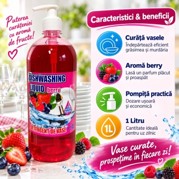 Detergent Lichid pentru Vase Cloret Dishwashing Liquid Citrus, Degresare și Curățare Eficientă, Aromă Berry, 1 L - Img 5