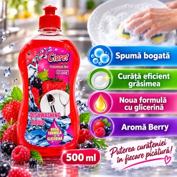 Detergent Lichid pentru Vase Cloret Dishwashing Liquid Citrus, Degresare și Curățare Eficientă, Aromă Berry, 500 ml - Img 5