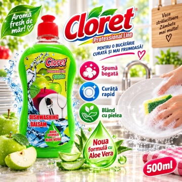 Detergent Lichid pentru Vase Cloret Dishwashing Liquid Citrus, Degresare și Curățare Eficientă, Aromă Apple, 500 ml - Img 5