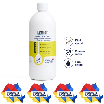 Detergent pardoseli Klintensiv KLINFLOOR DAILY, concentrat, parfum lavandă, fără spumare, fără clătire, pentru gresie, marmură, granit, parchet laminat, vinil și linoleum, 1 L, 4x Stickere