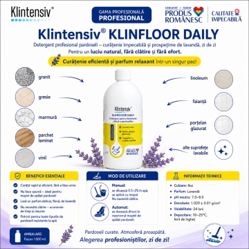 Detergent pardoseli Klintensiv KLINFLOOR DAILY, concentrat, parfum lavandă, fără spumare, fără clătire, pentru gresie, marmură, granit, parchet laminat, vinil și linoleum, 1 L, 4x Stickere - Img 2