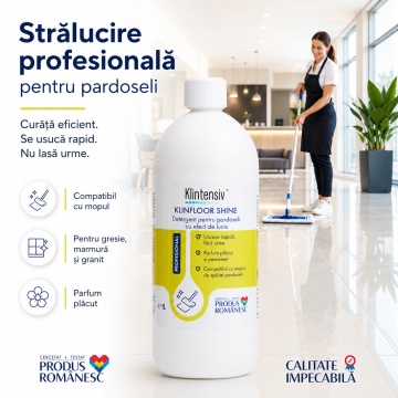 Detergent pardoseli Klintensiv KLINFLOOR SHINE, concentrat, efect de luciu, fără clătire, uscare rapidă, pentru gresie, granit, marmură, ceramică și porțelan, 1 L, 4x Stickere - Img 2