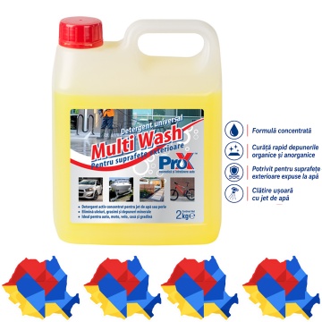 Detergent universal concentrat Multi Wash PRO X, pentru suprafețe exterioare, fațade, pavele, ciment, piatră, lemn, auto, moto, barcă, rulotă, 2 Kg, 4x Stickere