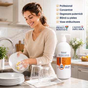 Detergent vase manual Klintensiv PRO DISH, profesional concentrat, degresant puternic, spumare abundentă, cu glicerină, blând cu pielea, pentru uz casnic și profesional, 1 L, 4x Stickere - Img 2